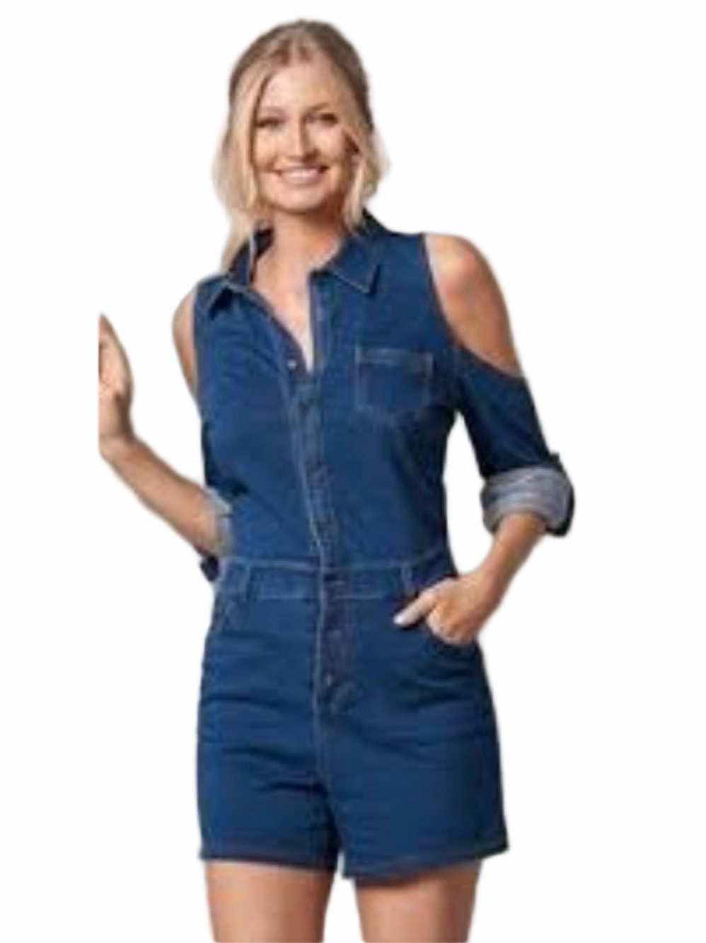 Venus Denim Cold-Shoulder Short Romper | EUC | Sz S